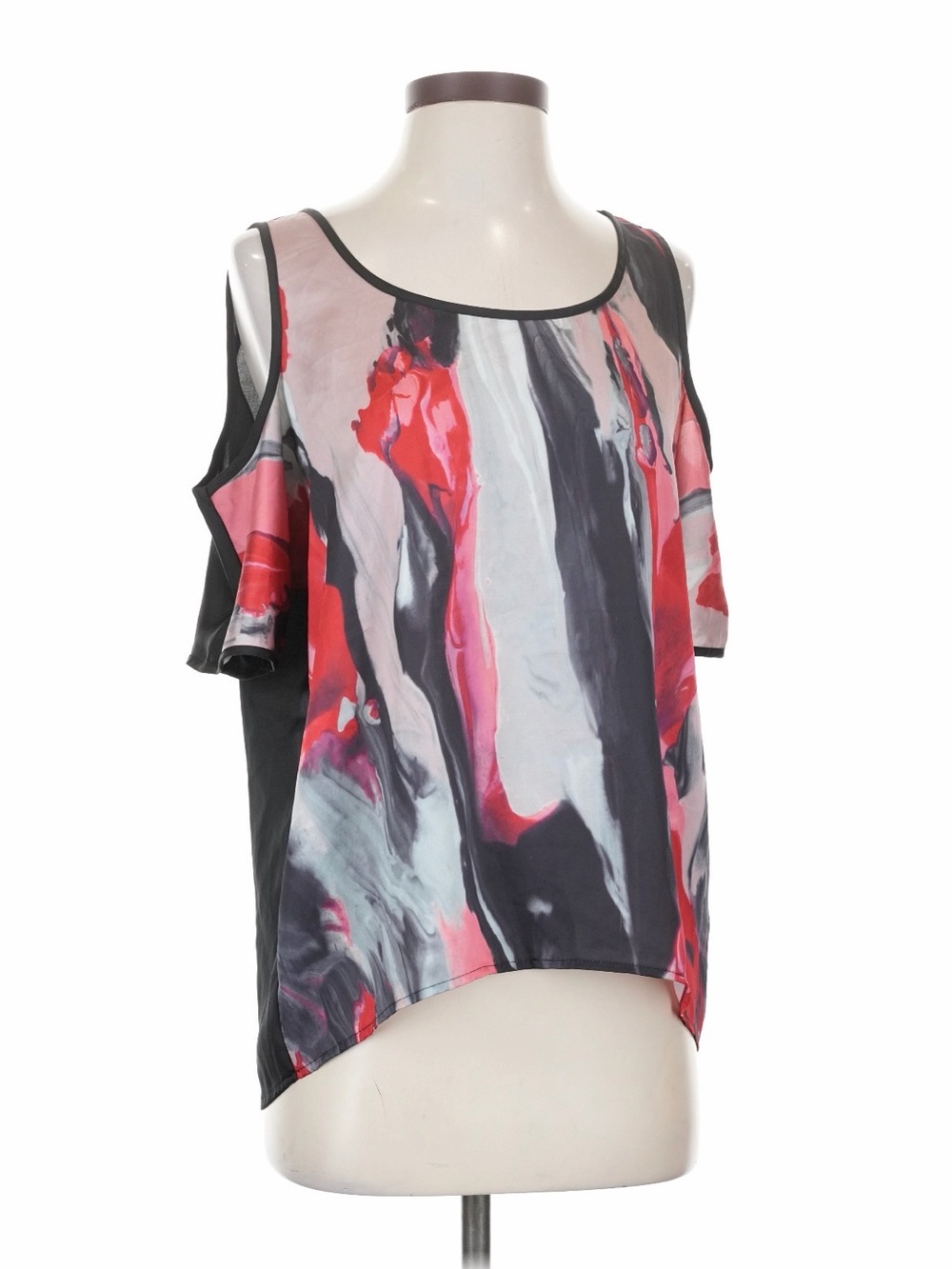 DKNY Cold-Shoulder Abstract Print Blouse in Black, Pink & Gray